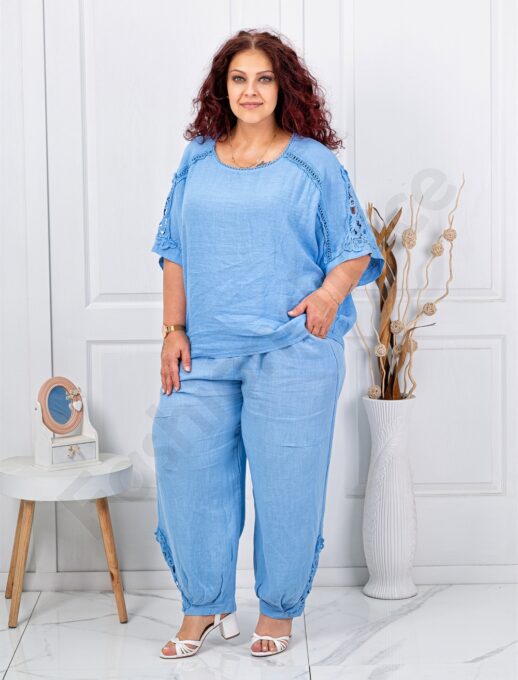 Plus size λινό σετ με λεπτομέρειες δαντέλα-γαλάζιο-κωδ 160/236-3