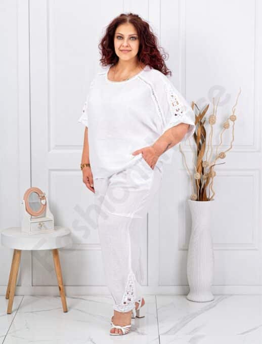 Plus size λινό σετ με λεπτομέρειες δαντέλα-λευκό-κωδ 160/236-1