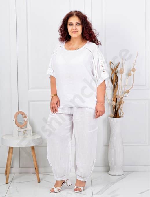 Plus size λινό σετ με λεπτομέρειες δαντέλα-λευκό-κωδ 160/236-1