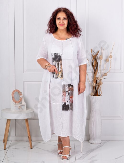 Plus size λινό φόρεμα με Art απλικέ-λευκό-κωδ 80050-3