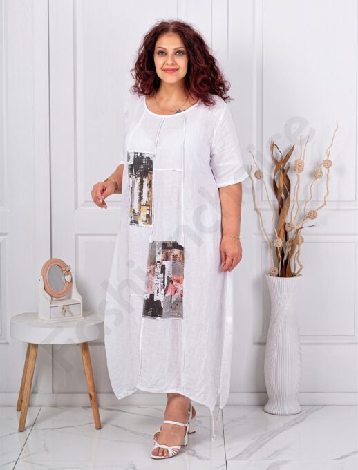 Plus size λινό φόρεμα με Art απλικέ-λευκό-κωδ 80050-3