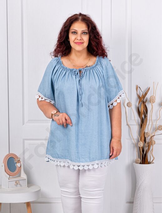 Plus size τζιν μπλούζα με δαντέλα στα μανίκια-ανοιχτό μπλε-κωδ 661925-1