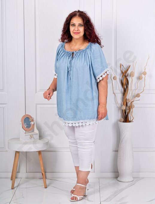 Plus size τζιν μπλούζα με δαντέλα στα μανίκια-ανοιχτό μπλε-κωδ 661925-1
