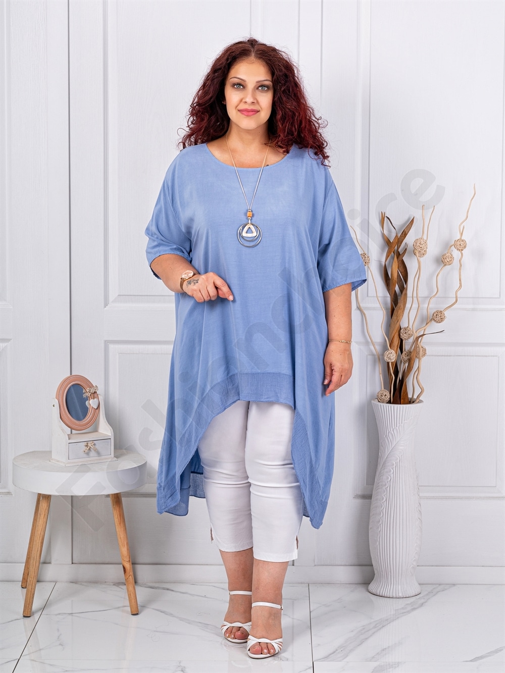 Plus size τουνίκ με κολιέ-μπλε ραφ-κωδ 22244-6