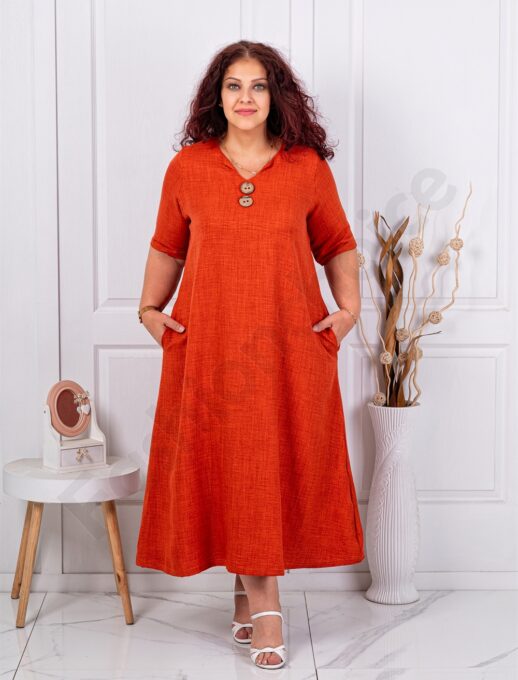Plus size φόρεμα με V neck και ξύλινα κουμπιά-κεραμιδί-κωδ 1449-5
