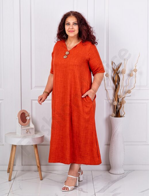 Plus size φόρεμα με V neck και ξύλινα κουμπιά-κεραμιδί-κωδ 1449-5