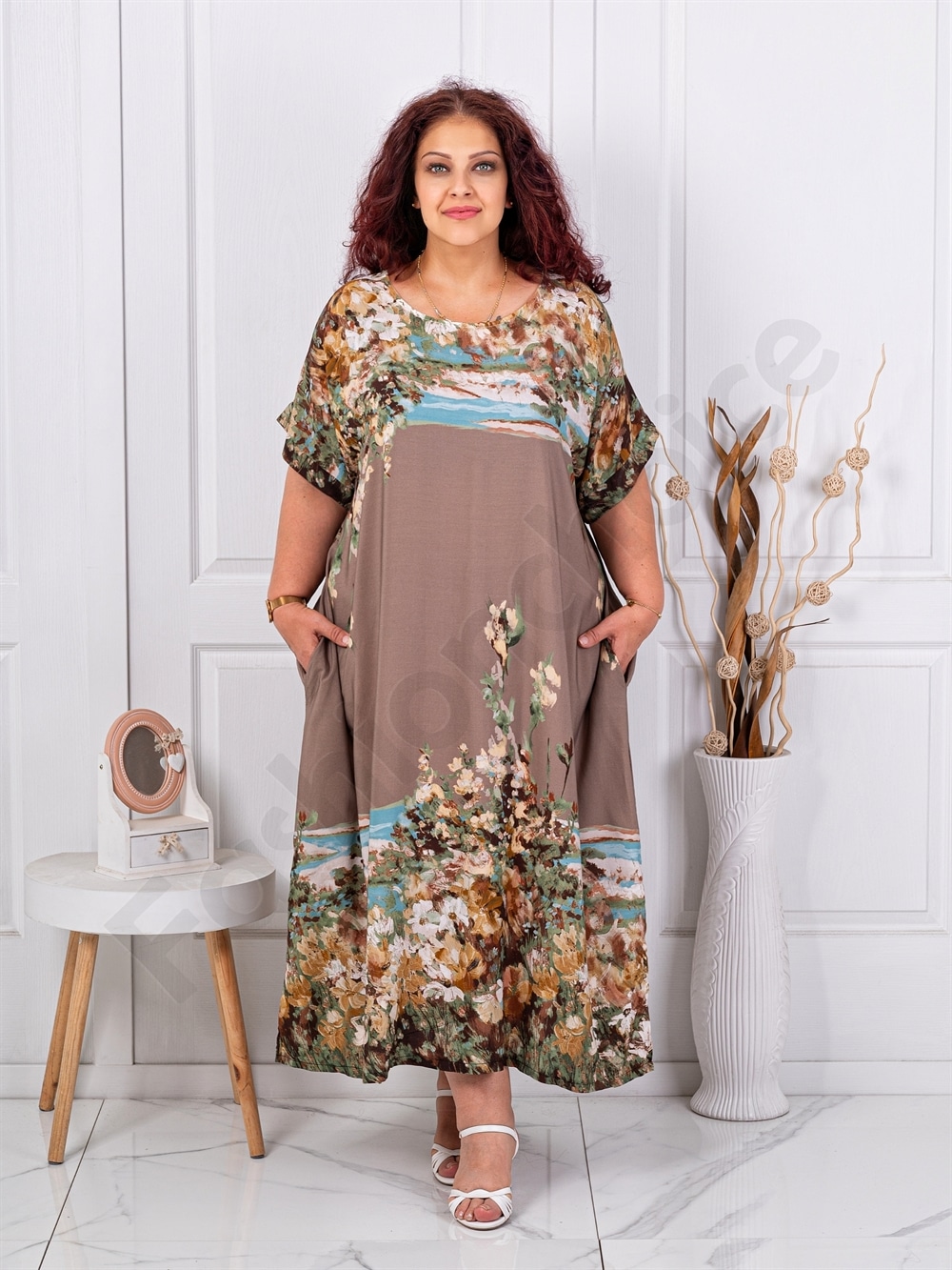 Plus size φόρεμα σε Art τύπωμα-μόκα-κωδ 5251-6