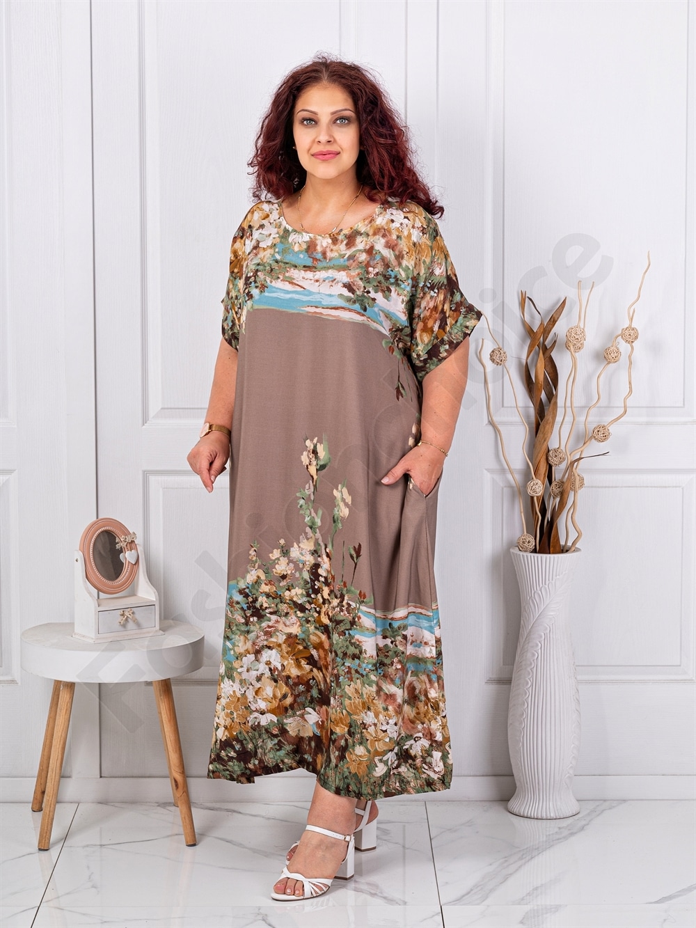 Plus size φόρεμα σε Art τύπωμα-μόκα-κωδ 5251-6