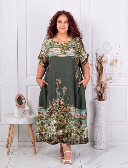 Plus size φόρεμα σε Art τύπωμα-χακί-κωδ 5251
