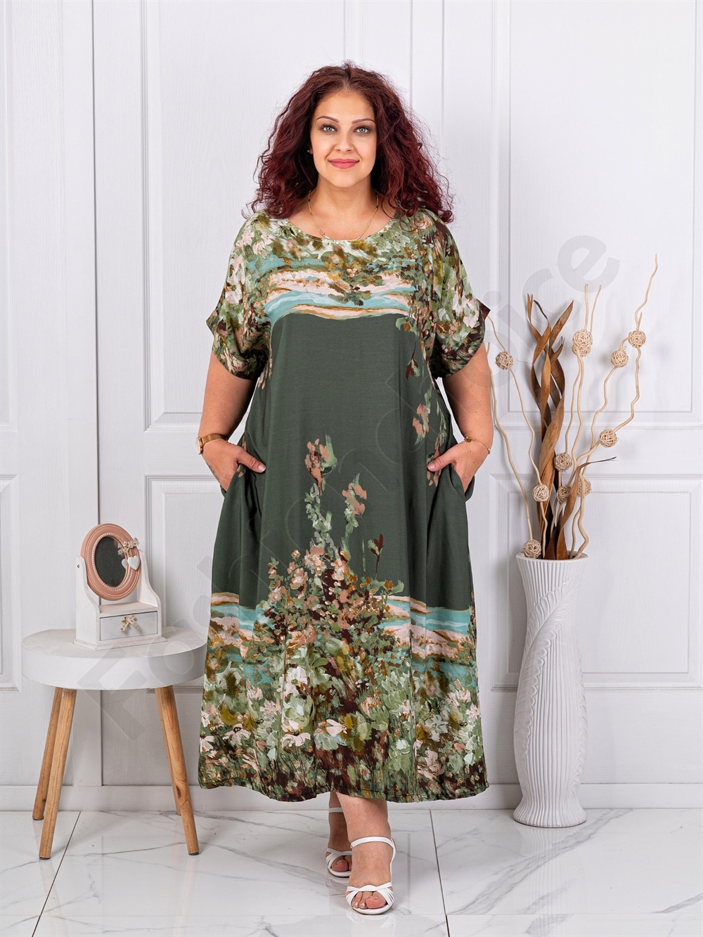 Plus size φόρεμα σε Art τύπωμα-χακί-κωδ 5251