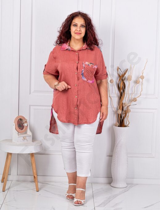 Plus size λινό πουκάμισο φλοράλ-κεραμιδί-κωδ 62260-4
