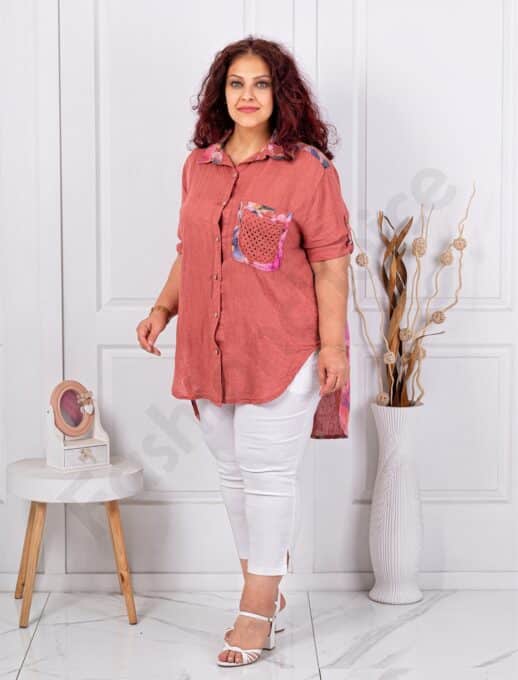 Plus size λινό πουκάμισο φλοράλ-κεραμιδί-κωδ 62260-4