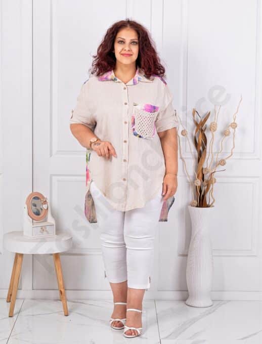 Plus size λινό πουκάμισο φλοράλ-μπεζ-κωδ 62260-3