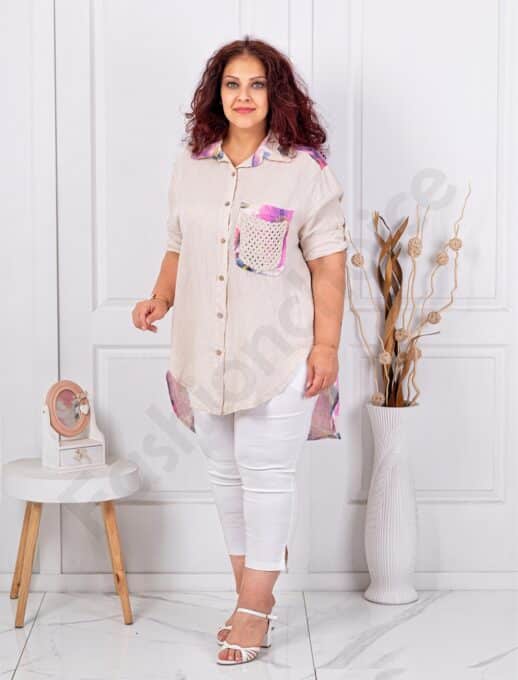 Plus size λινό πουκάμισο φλοράλ-μπεζ-κωδ 62260-3