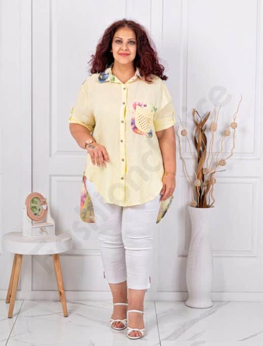 Plus size λινό πουκάμισο φλοράλ-κίτρινο-κωδ 62260-1