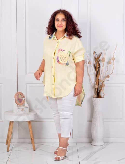 Plus size λινό πουκάμισο φλοράλ-κίτρινο-κωδ 62260-1
