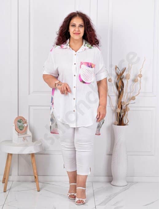 Plus size λινό πουκάμισο φλοράλ-λευκό-κωδ 62260