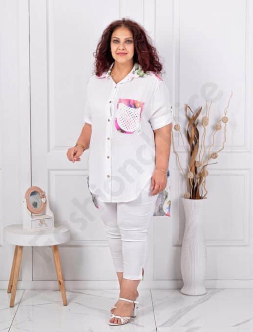 Plus size λινό πουκάμισο φλοράλ-λευκό-κωδ 62260