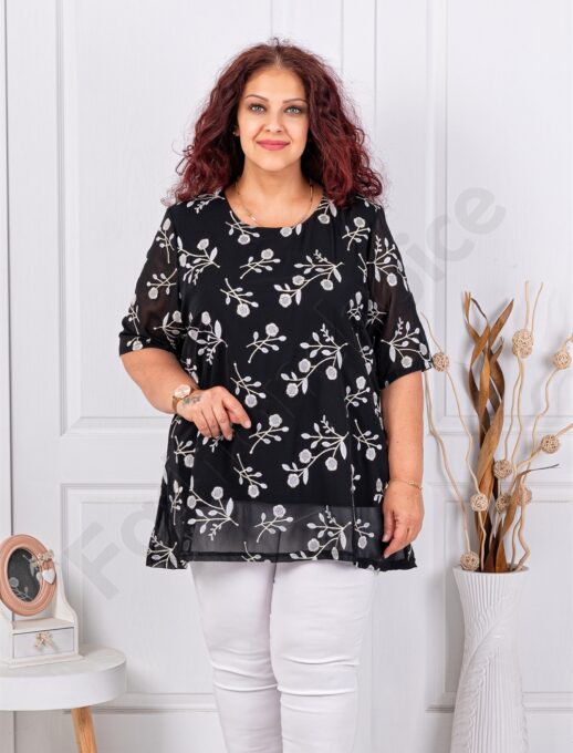 Plus size σιφόν μπλούζα με φλοράλ κεντήμα-μαύρο-κωδ 1494