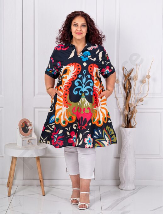 Plus size τουνίκ σε γραμμή Α με πολύχρωμο σχέδιο-σκούρο μπλε-κωδ 51539-2