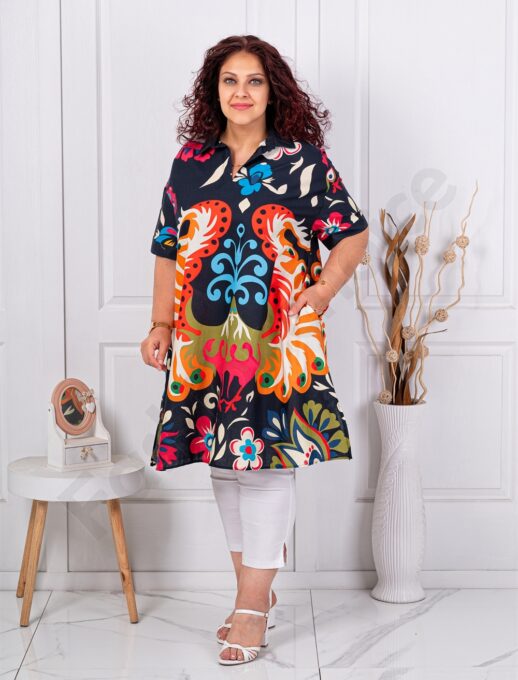 Plus size τουνίκ σε γραμμή Α με πολύχρωμο σχέδιο-σκούρο μπλε-κωδ 51539-2