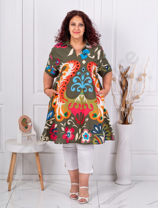 Plus size τουνίκ σε γραμμή Α με πολύχρωμο σχέδιο-χακί-κωδ 51539