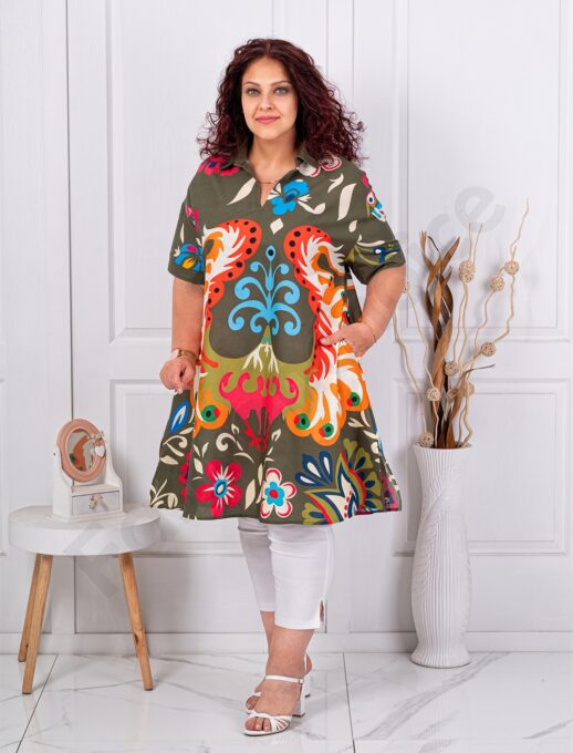 Plus size τουνίκ σε γραμμή Α με πολύχρωμο σχέδιο-χακί-κωδ 51539