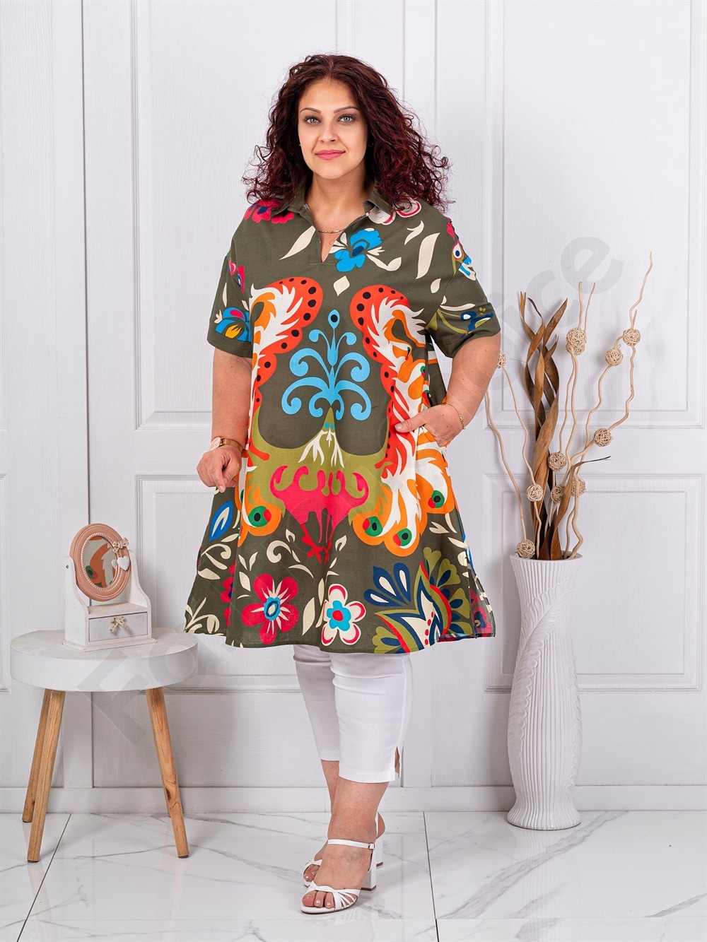 Plus size τουνίκ σε γραμμή Α με πολύχρωμο σχέδιο-χακί-κωδ 51539