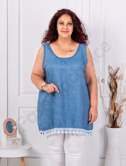 Plus size τζιν αμάνικη μπλούζα με δαντέλα-σκούρο μπλε-κωδ 661926