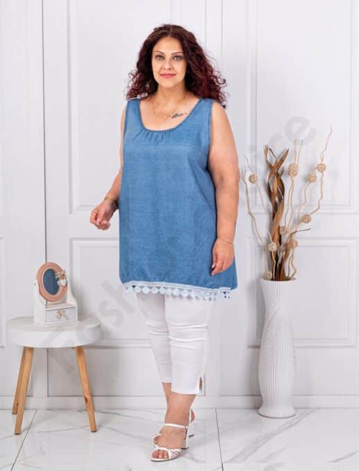 Plus size τζιν αμάνικη μπλούζα με δαντέλα-σκούρο μπλε-κωδ 661926