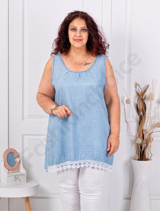 Plus size τζιν αμάνικη μπλούζα με δαντέλα-ανοιχτό μπλε-κωδ 661926-1