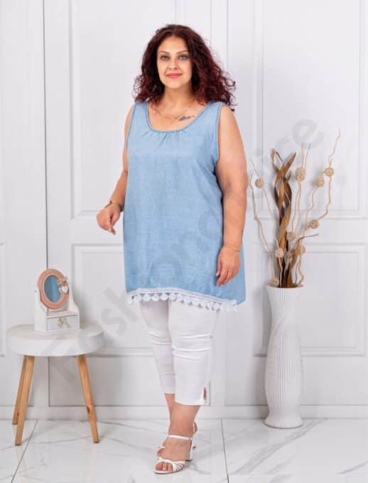 Plus size τζιν αμάνικη μπλούζα με δαντέλα-ανοιχτό μπλε-κωδ 661926-1