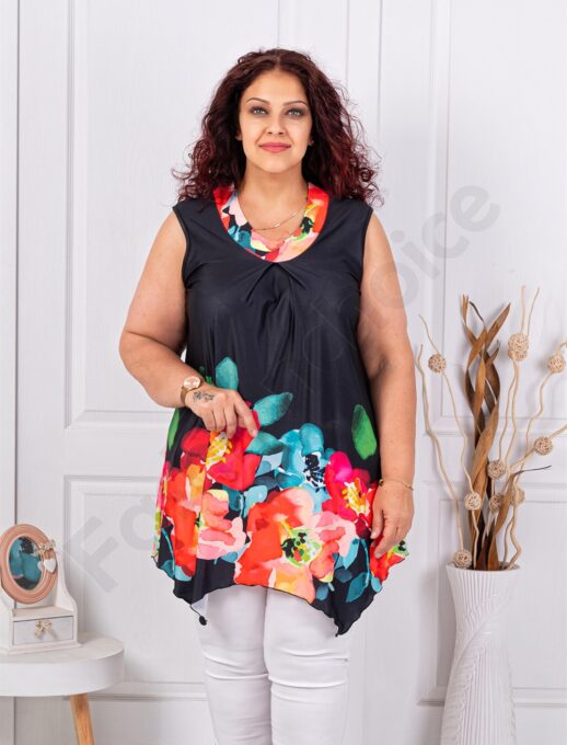 Plus size αμάνικη φλοράλ μπλούζα-μαύρο/κόκκινο-κωδ 1496