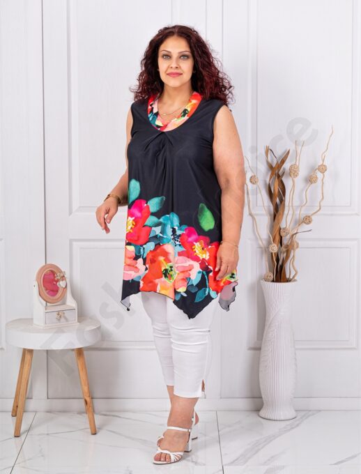 Plus size αμάνικη φλοράλ μπλούζα-μαύρο/κόκκινο-κωδ 1496