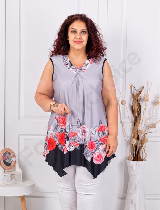 Plus size αμάνικη φλοράλ μπλούζα-γκρι/κόκκινο-κωδ 1496-2
