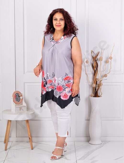 Plus size αμάνικη φλοράλ μπλούζα-γκρι/κόκκινο-κωδ 1496-2