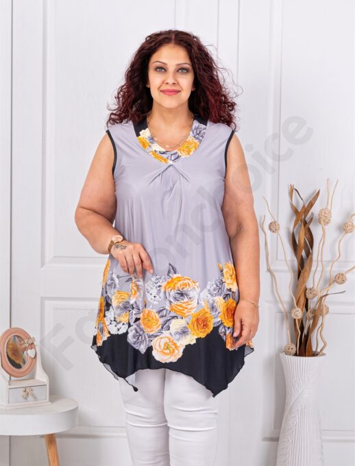 Plus size αμάνικη φλοράλ μπλούζα-γκρι/κίτρινο-κωδ 1496-3