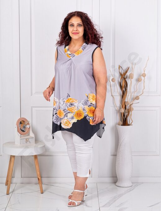 Plus size αμάνικη φλοράλ μπλούζα-γκρι/κίτρινο-κωδ 1496-3