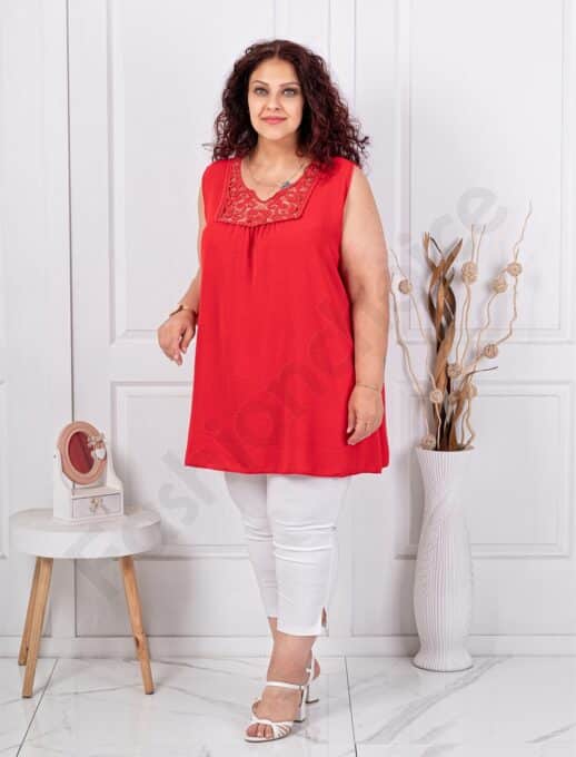 Plus size αμάνικη μπλούζα με δαντέλα στο ντεκολτέ-κόκκινο-κωδ 2194-1