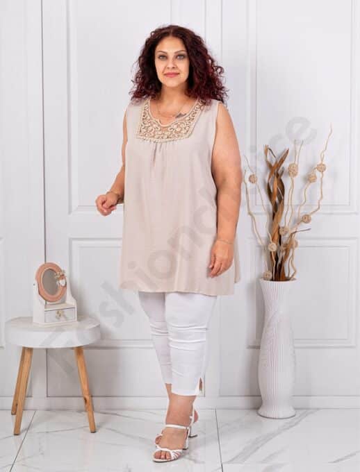 Plus size αμάνικη μπλούζα με δαντέλα στο ντεκολτέ-μπεζ-κωδ 2194-2