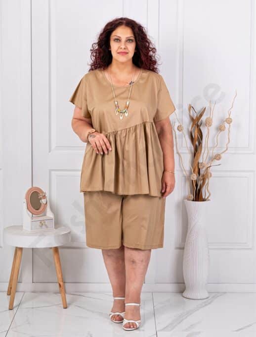 Plus size σετ μπλούζα/βερμούδα-καμηλό-κωδ 5208-2