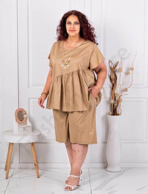 Plus size σετ μπλούζα/βερμούδα-καμηλό-κωδ 5208-2