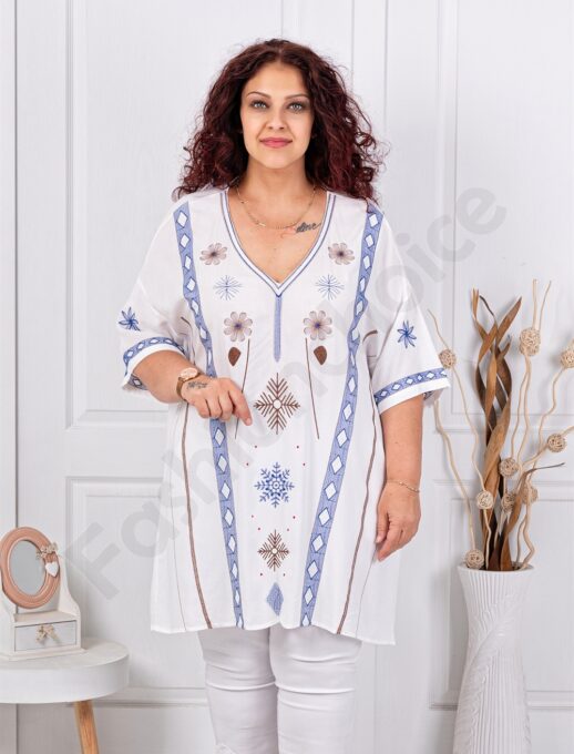 Plus size V τουνίκ με κέντημα-μπλε-κωδ 51316