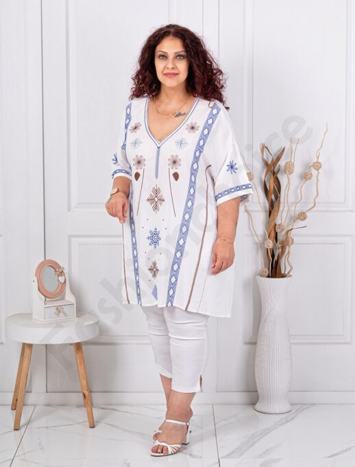 Plus size V τουνίκ με κέντημα-μπλε-κωδ 51316