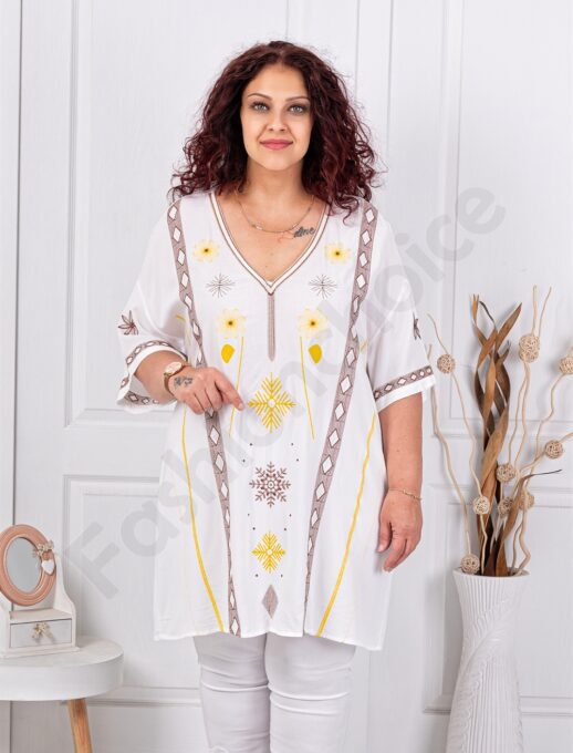 Plus size V τουνίκ με κέντημα-καφέ-κωδ 51316-1