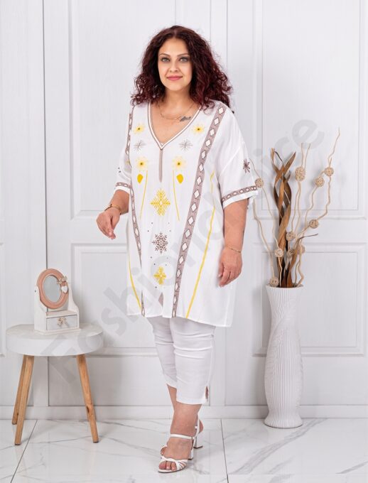 Plus size V τουνίκ με κέντημα-καφέ-κωδ 51316-1