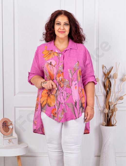 Plus size λινό πουκάμισο φλοράλ-φουξία-κωδ 13109-3