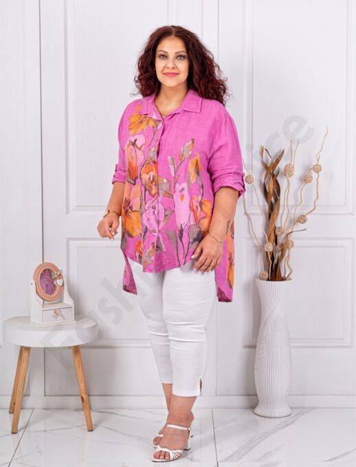 Plus size λινό πουκάμισο φλοράλ-φουξία-κωδ 13109-3