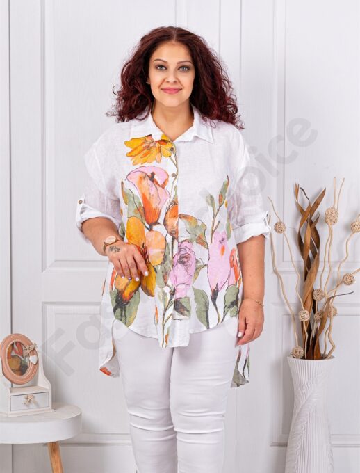 Plus size λινό πουκάμισο φλοράλ-λευκό-κωδ 13109