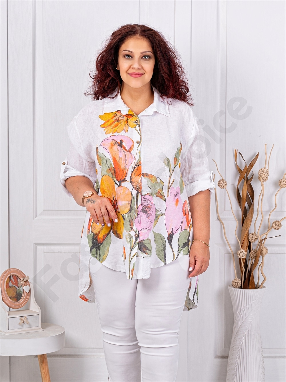 Plus size λινό πουκάμισο φλοράλ-λευκό-κωδ 13109